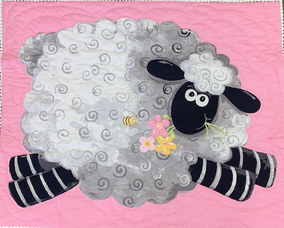 Pink Baby Quilt sheep 100% cotton 36x42 USA made nap mat machine washable SusyBee print