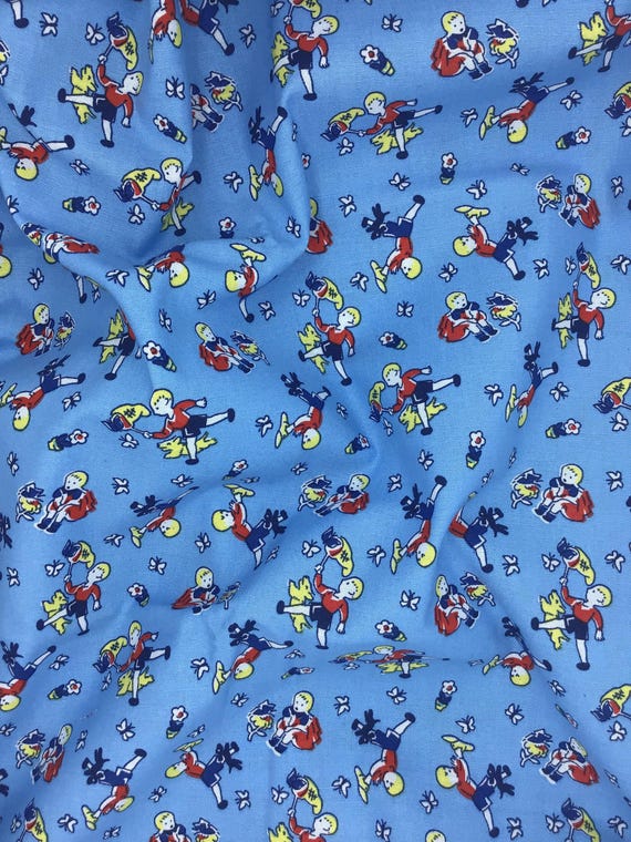 Depression 20s 30s feedsack print 100% cotton Windham Fabrics Storybrook 22 blue fabric w/ children catching butterflies. Sold by the yard.