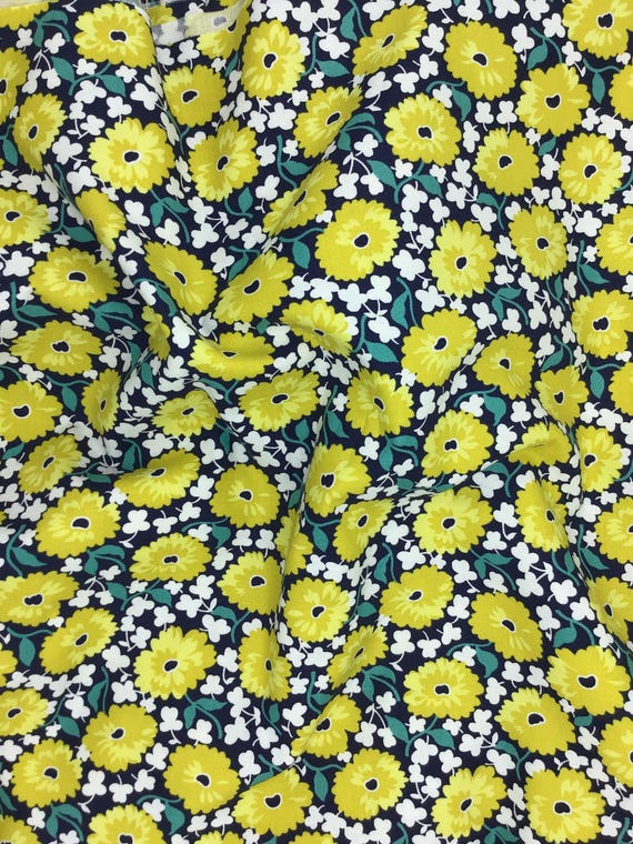 Depression 20s 30s feedsack print 100% cotton. Moda “Good Works” by Linzee Kull McCray. dark blue with yellow daisies. Sold by the yard.