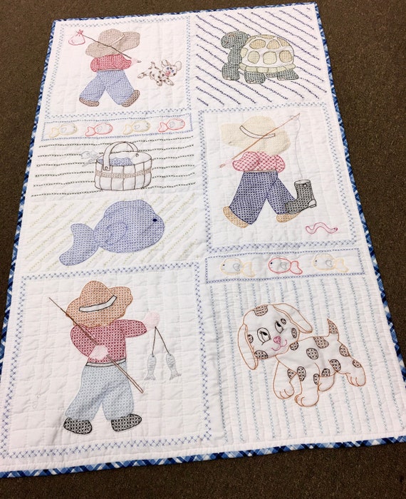 Overall Bill Baby quilt fishing boy turtle hand embroidered amish made hand quilted