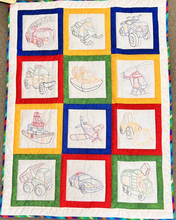 Transportation Nursery baby Quilt Amish Handcrafted hand quilted hand embroidered cars trucks boat heirloom quality cotton  primary colors