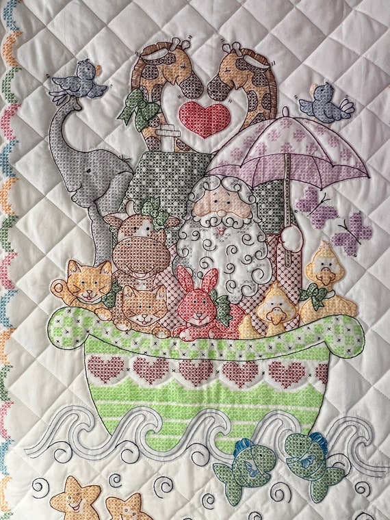 Noah's Ark Baby Quilt - Handmade Heirloom Crib Blanket with Embroidered Animals