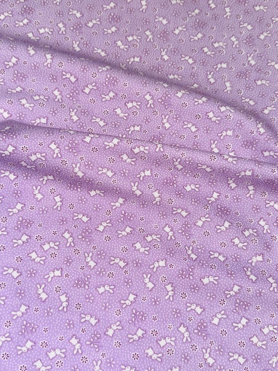 Depression 20s 30s feedsack print 100% cotton RBD designs Storytime 30s C13869. violet fabric with bunnies and flowers.  Sold by the yard.