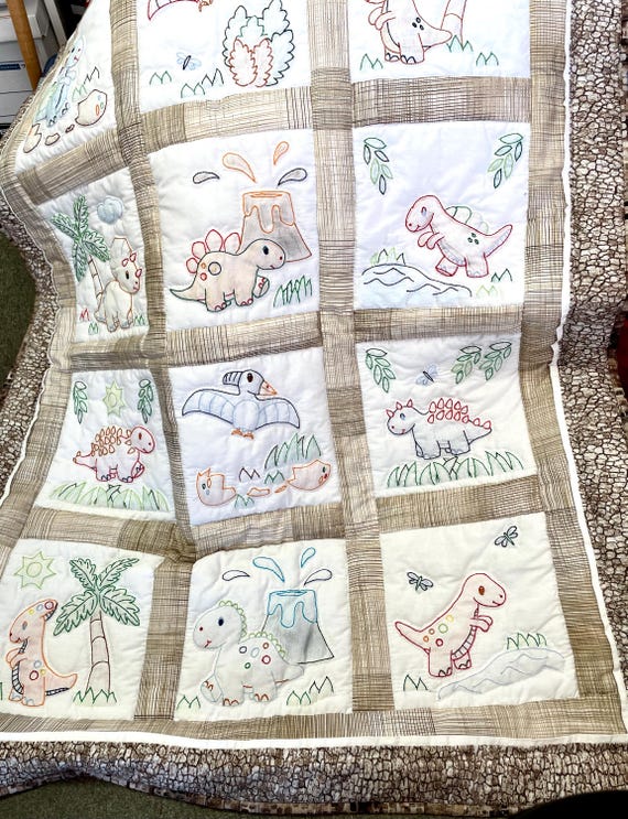 Dinosaur quilt baby crib 36x46 hand quilted hand embroidered Amish made cotton machine washable