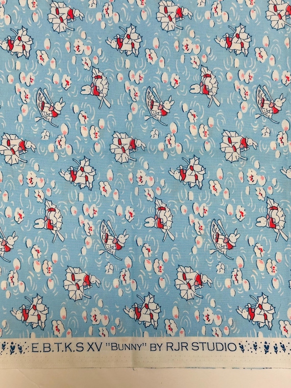 Depression 20s 30s feedsack print 100% cotton RJR Studio E.B.T.K.S XV. Light Blue Bunny. Sold by the yard.