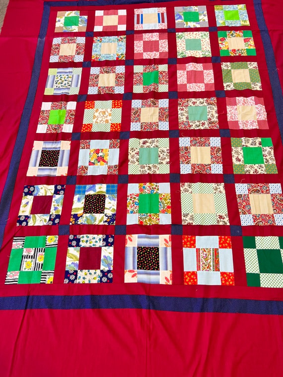 Vibrant Vintage Red Nine Patch Quilt Top - A Masterpiece of Handcrafted Americana