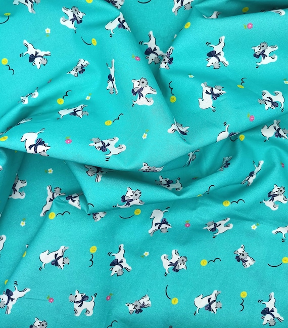20s 30s feedsack depression print fabric Whimsies by Claire Holliday for Ink & Arrow by QT Fabrics 100% cotton Scottie dogs on turquoise