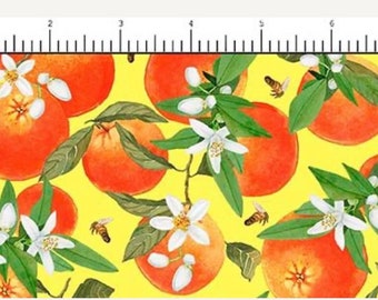 May include: A yellow background with a repeating pattern of orange citrus fruit, white blossoms, and green leaves.  Bees are flying around the fruit and flowers.