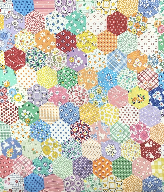 Depression 20s 30s Feedsack print 100% Cotton Fabric. Aunt Grace Goes Scrapy by Judie Rothermel Hexagon print MarcusFabrics Sold by the yard