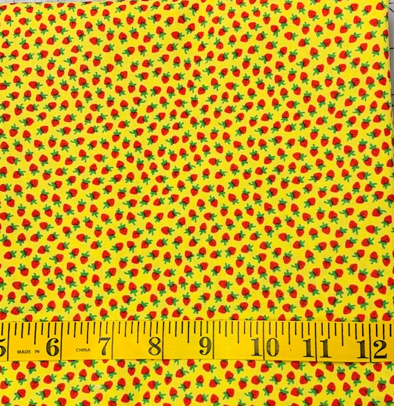 Depression 20s 30s feedsack print 100% cotton fabric. Windham Fabrics small strawberry on yellow background. Sold by the yard