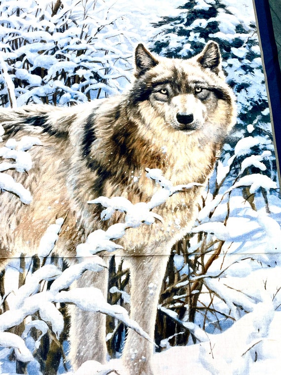 Wolf in snow fabric panel OBW attic windows whisper wolf man cave hunting cabin