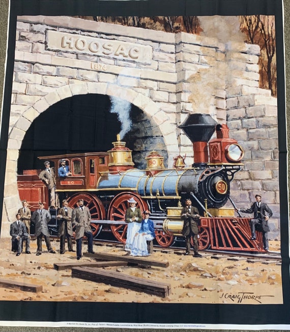 Railroad Steam engine train locomotive Massachusetts fabric Panel cotton 36x44" for man cave, train depot, quilt, wallhanging