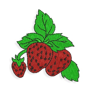 May include: Embroidered patch featuring three red strawberries with green leaves. The strawberries have a detailed embroidered design.