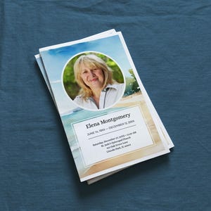 May include: A stack of memorial cards with a photo of a woman in a circular frame, set against a beach scene. The card includes the name "Elena Montgomery" and dates, with event details. Text at the bottom reads "Editable memorial & funeral templates".