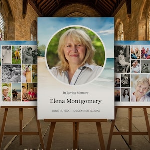May include: Three white canvas memorial boards on wooden easels. The central board displays a portrait of a woman with the text "In Loving Memory Elena Montgomery" and dates. The other boards show photo collages. The bottom text reads "Editable memorial & funeral templates honoring a life lived in colour."