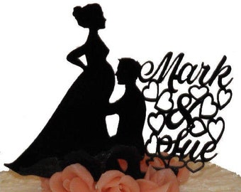 Wedding cake topper Pregnant bride, groom kissing belly