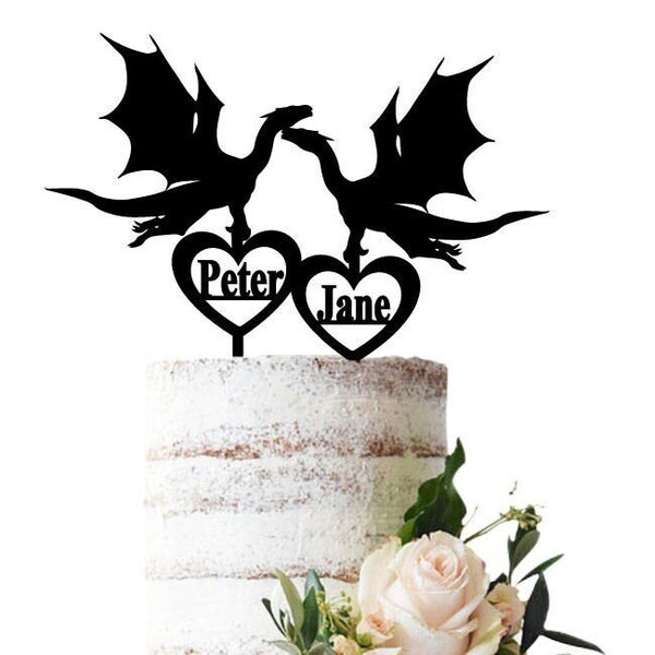 Wedding cake topper Flying dragons with hearts