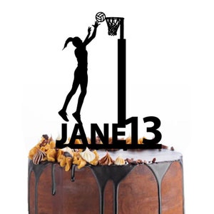 Birthday cake topper with a female netball player, different variations and colours possible