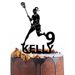 Birthday cake topper with a female lacrosse player, different variations and colours possible