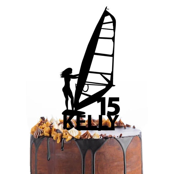 Cake topper di compleanno con una donna windsurfer, diverse varianti e colori possibili