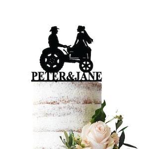 Wedding cake topper Bride and groom on a tractor, different options for groom silhouette