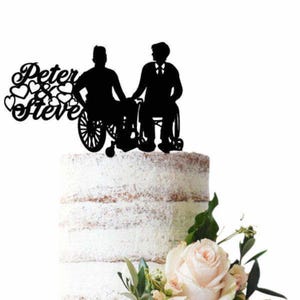 Wedding cake topper Gay couple 2 grooms in wheelchair