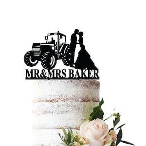Wedding cake topper Romantic farm life with the groom kissing bride next to a tractor