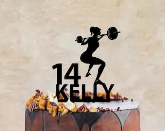Birthday cake topper with a female weight lifter/ fitness girl, different variations and colours possible
