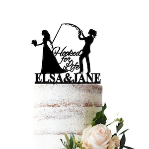 Wedding cake topper Lesbian couple Hooked for life