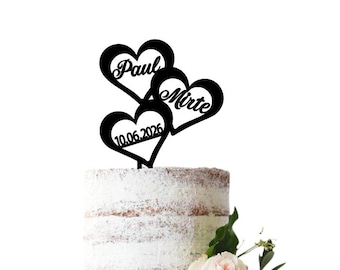 Personalized Laser cut Acrylic Wedding cake topper 3 Hearts