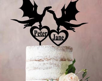 Wedding cake topper Flying dragons with hearts. Different variations and colours possible