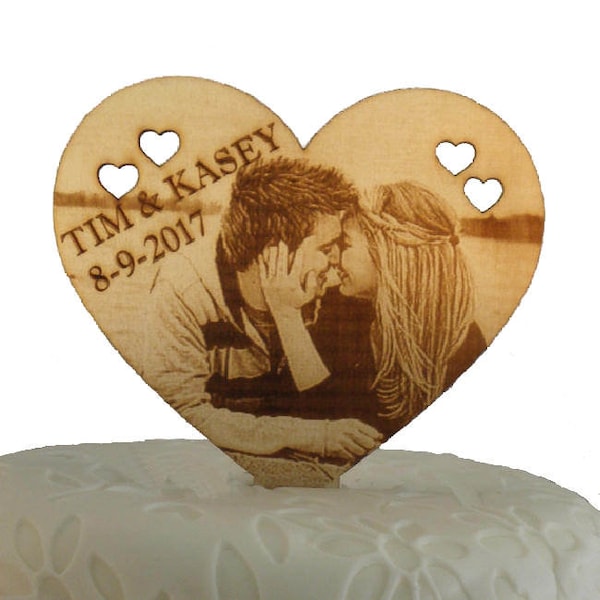 Personalized Laser engraved Wooden Wedding cake topper with photo Big Heart