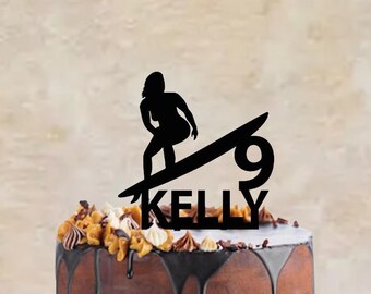 Birthday cake topper with a female surfer, different variations and colours possible