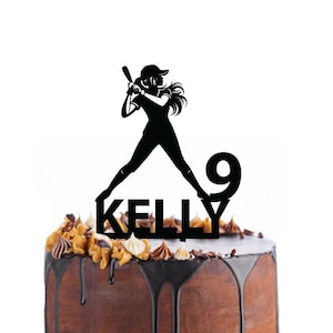 Birthday cake topper with a female baseball player, different variations and colours possible