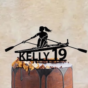 Birthday cake topper with a female rowing / crew figure, different variations and colours possible