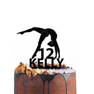 Birthday cake topper with a female gymnast performing floor exercises, different variations and colours possible