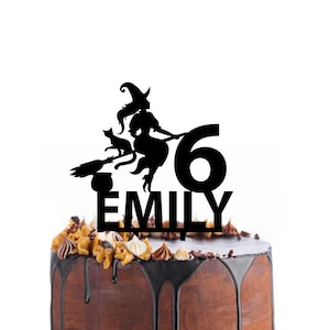 Birthday cake topper Witch and cat riding a broom, different colours and variations possible