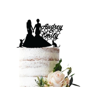 Wedding cake topper Lesbian couple holding hands with two cats. Other pets possible too