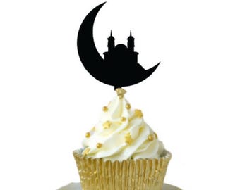 Cupcakesteker Moskee en halve maan set van 6, verkrijgbaar in verschillende kleuren acryl en hout