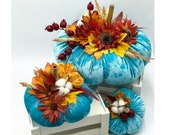 Fabric Pumpkin as Fall Harvest Table Decor for Thanksgiving, turquoise pumpkin set with mini pumpkins, Fall Wedding Decor, Stuffed Pumpkins
