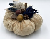 Gold Pumpkin as Fall Harvest Table Decor for Thanksgiving, gold and blue pumpkin set with mini pumpkin, Fall Wedding Decor, Stuffed Pumpkins