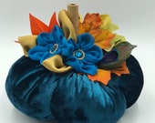 Peacock Pumpkin as Fall Harvest Table Decor for Thanksgiving, teal pumpkin set with mini pumpkin, Fall Wedding Decor, Stuffed Pumpkins