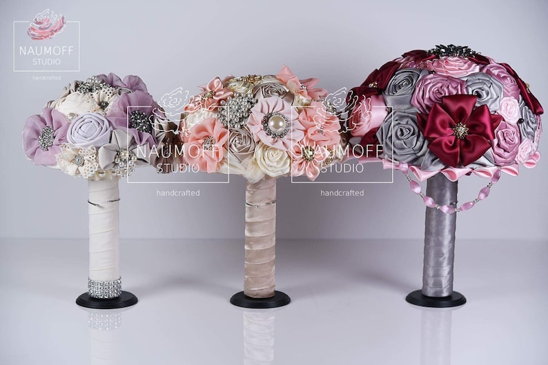 Pastel Wedding Flowers Rose Gold Fabric Bouquet CUSTOMIZED Rhinestone bouquet Ivory Silk Bride bouquet Pink Wedding Brooch Bouquet