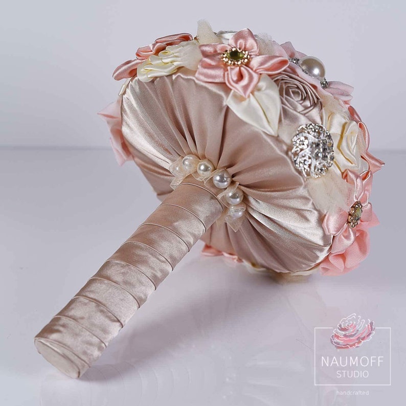 Pastel Wedding Flowers Rose Gold Fabric Bouquet CUSTOMIZED Rhinestone bouquet Ivory Silk Bride bouquet Pink Wedding Brooch Bouquet
