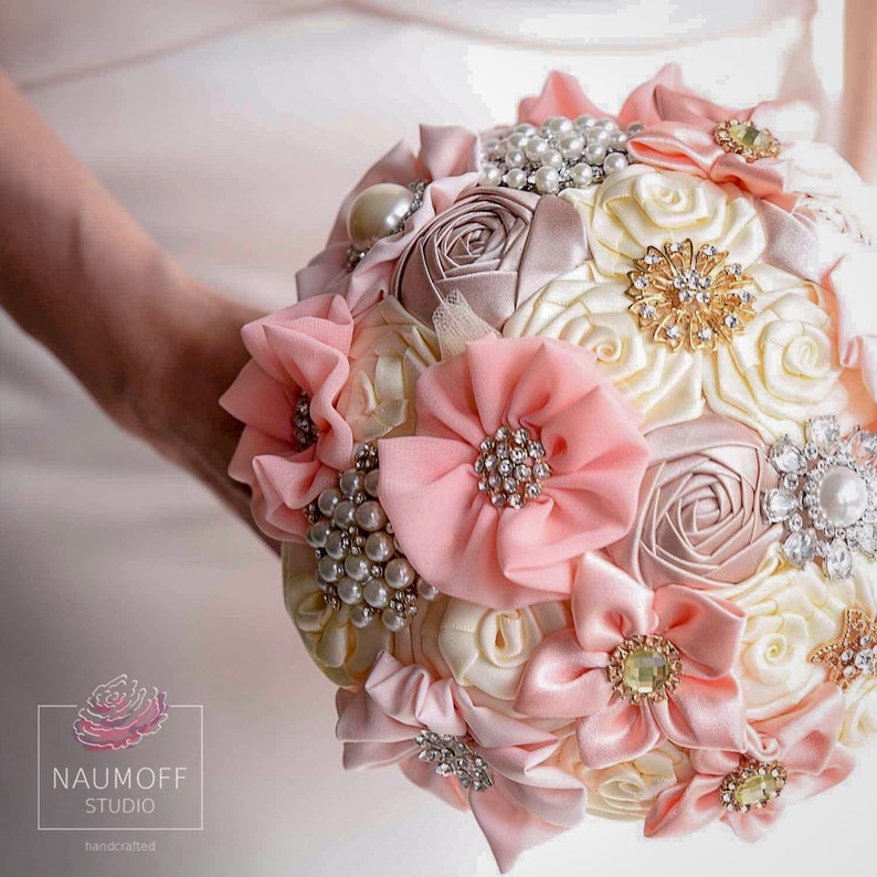 Pastel Wedding Flowers Rose Gold Fabric Bouquet CUSTOMIZED Rhinestone bouquet Ivory Silk Bride bouquet Pink Wedding Brooch Bouquet