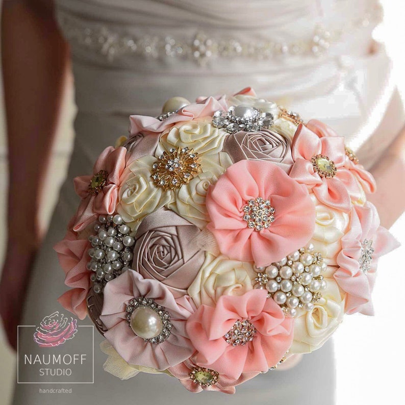 Pastel Wedding Flowers Rose Gold Fabric Bouquet CUSTOMIZED Rhinestone bouquet Ivory Silk Bride bouquet Pink Wedding Brooch Bouquet