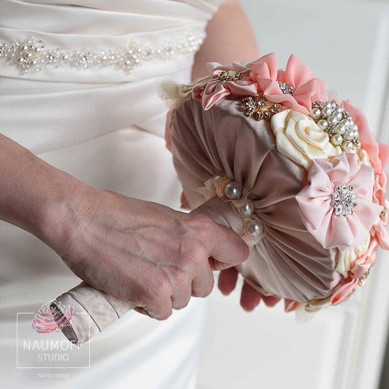 Pastel Wedding Flowers Rose Gold Fabric Bouquet CUSTOMIZED Rhinestone bouquet Ivory Silk Bride bouquet Pink Wedding Brooch Bouquet