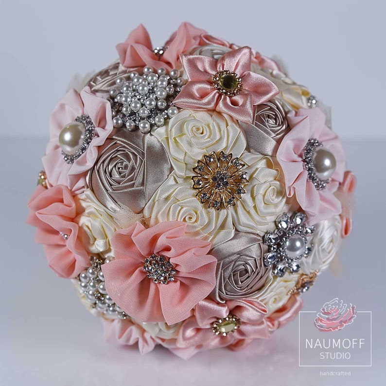 Pastel Wedding Flowers Rose Gold Fabric Bouquet CUSTOMIZED Rhinestone bouquet Ivory Silk Bride bouquet Pink Wedding Brooch Bouquet