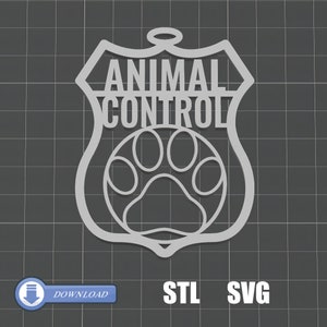 Può includere: Un cartello in metallo grigio con il testo "ANIMAL CONTROL" e un'impronta di zampa all'interno. Il cartello ha la forma di uno scudo con la parte superiore arrotondata.