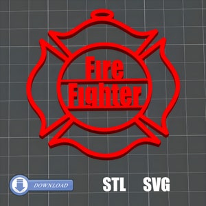 Peut inclure: Emblème de pompier imprimé en 3D rouge avec les mots "Fire Fighter" au centre.